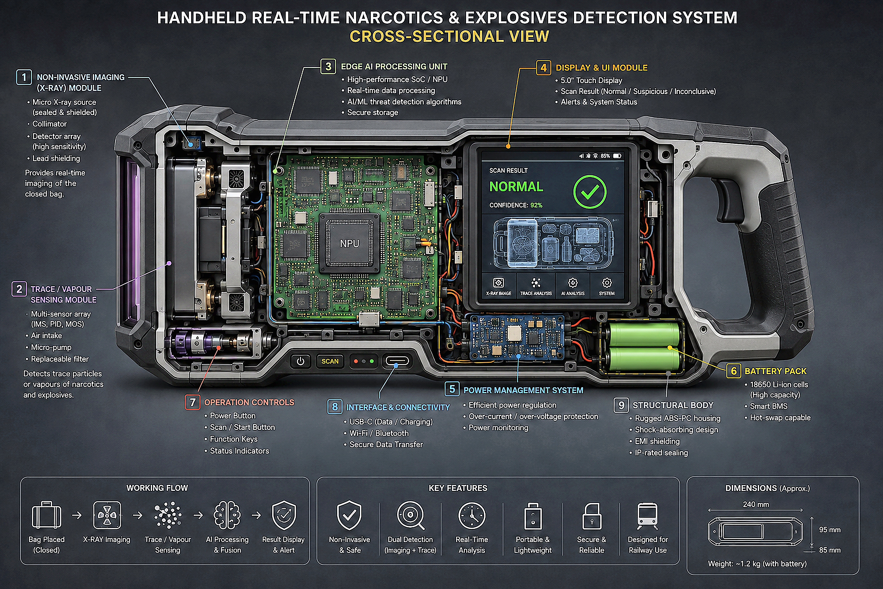 Cross-sectional view of the handheld device showing internal modules