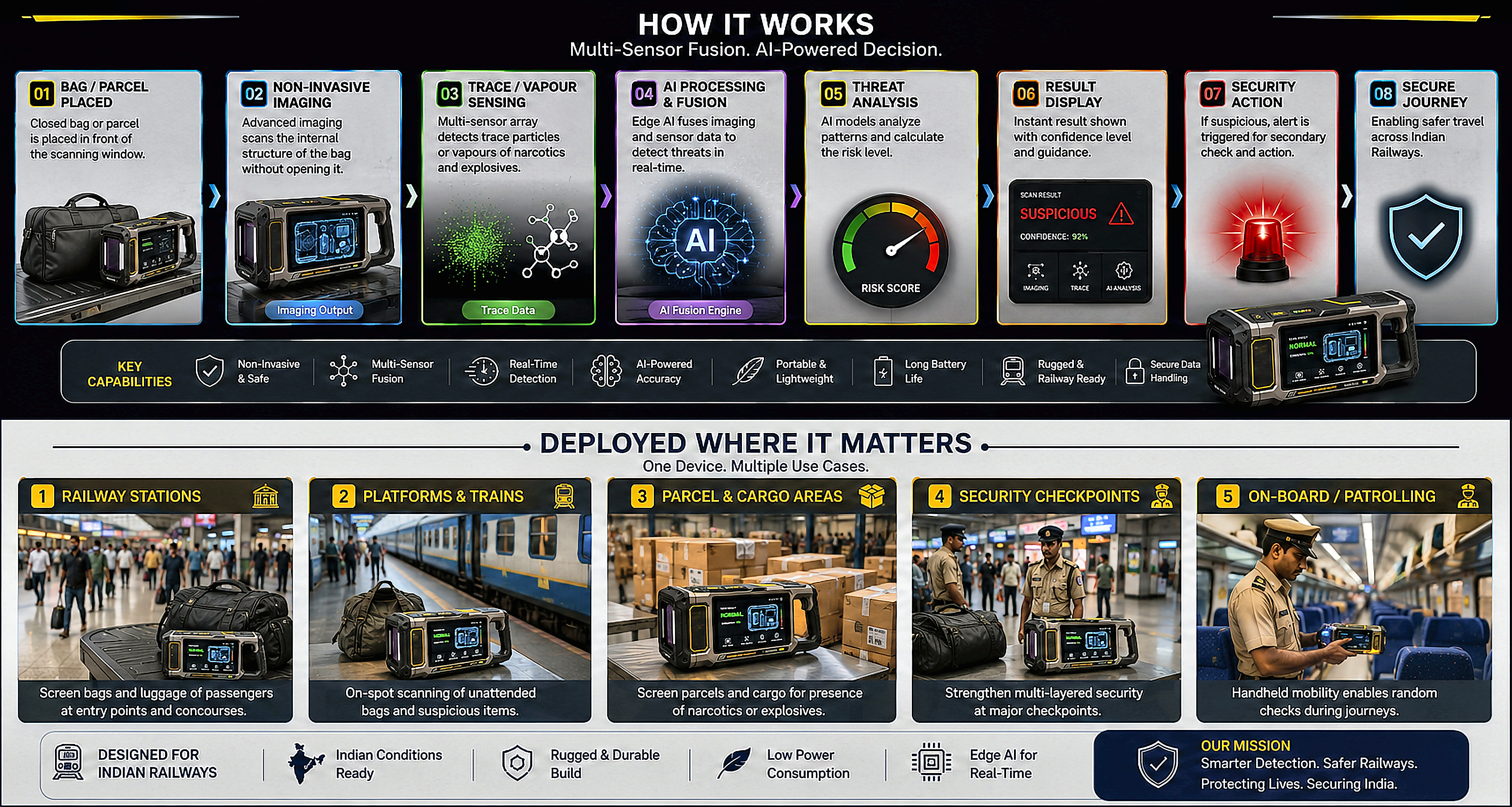 Reference infographic showing the working principle and deployment scenarios of the device