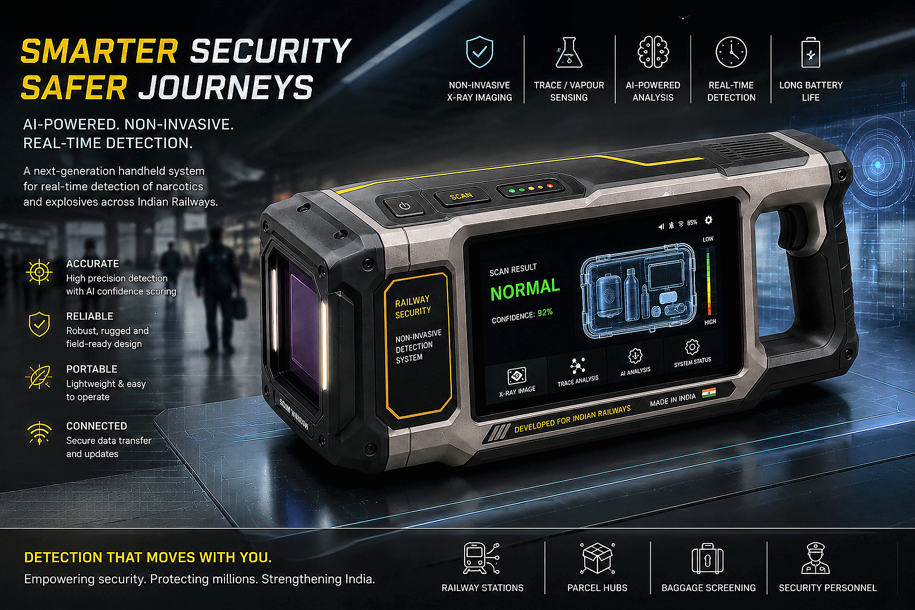 Concept illustration of the handheld device in a railway security context